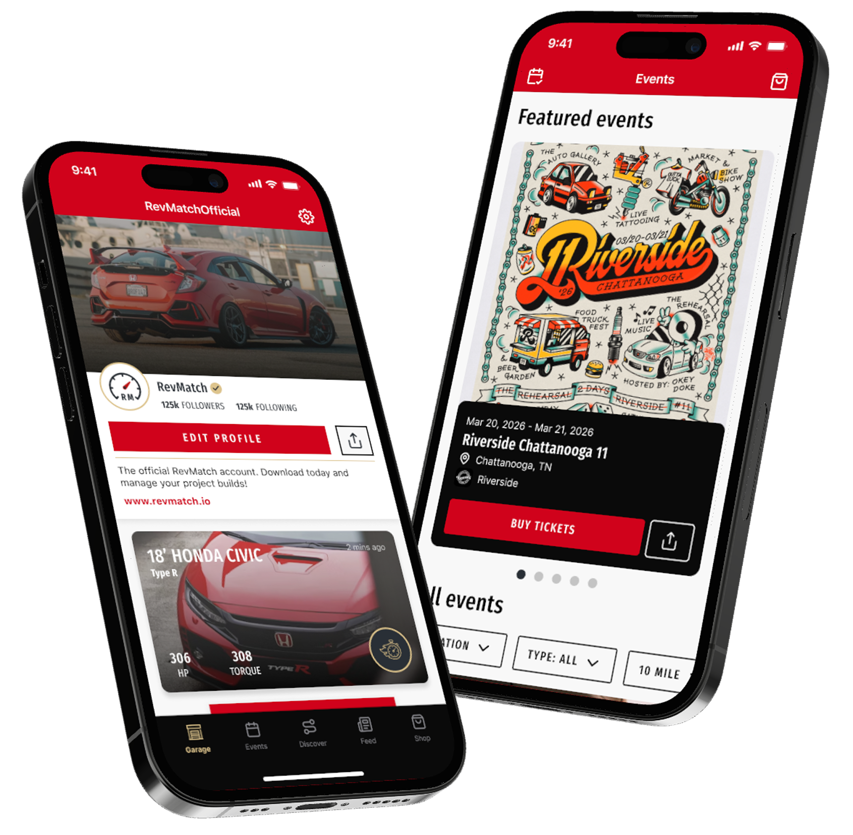 RevMatch app shown on two iPhones — garage profile and featured events