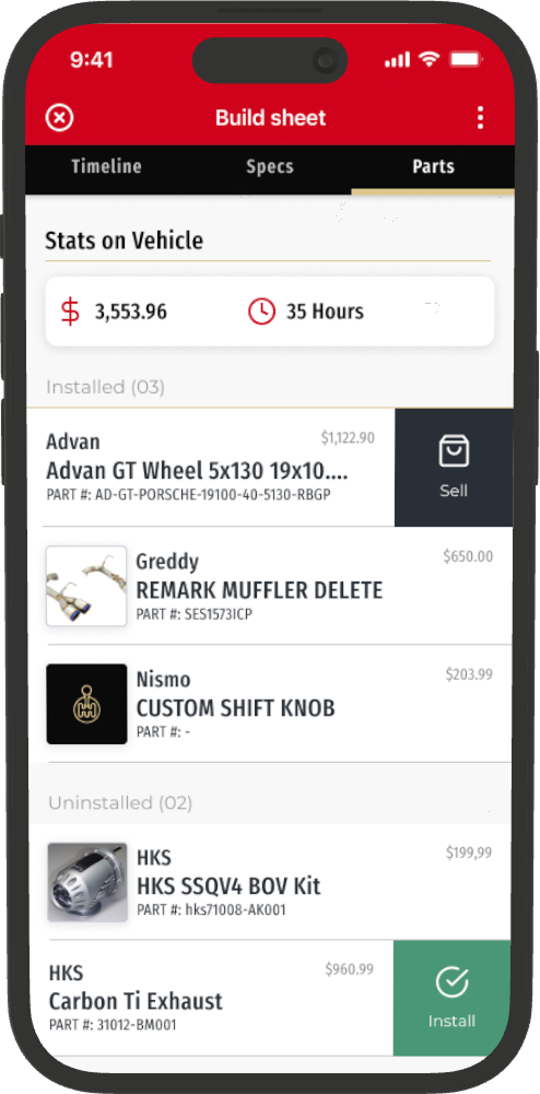 Parts screen in the RevMatch app